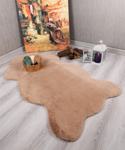 Tavşan Tüyü Dekoratif Ultra Yumuşak Post Peluş Kaymaz Halı Camel - Resim 2