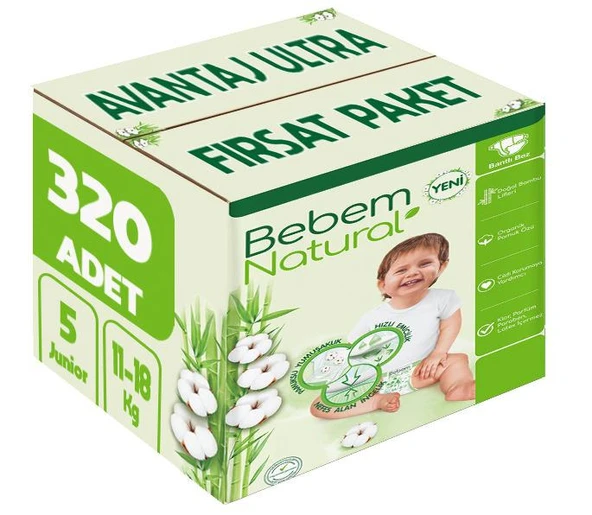 Bebem Bebek Bezi Natural Beden:5 (11-18Kg) Junior 320 Adet Avantaj Ultra Fırsat Pk