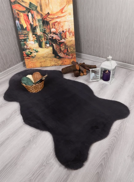 Tavşan Tüyü Dekoratif Ultra Yumuşak Post Peluş Kaymaz Halı Antrasit - 2