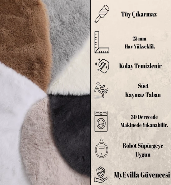 Tavşan Tüyü Dekoratif Ultra Yumuşak Post Peluş Kaymaz Halı Antrasit - 6