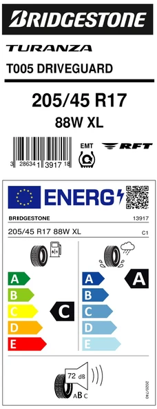Bridgestone 205/45R17 88W Xl Rft T005Dg C-A-72 Yaz Oto Lastiği (Üretim Yılı: 2023) - 1