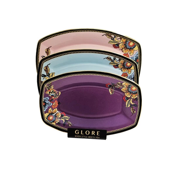 Glore Lorena Asorti Altın Yaldızlı Kayık Tabak Seti (Pembe-Turkuaz- Mor) - 2