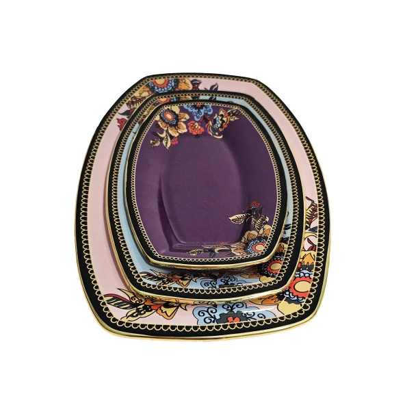 Glore Lorena Asorti Altın Yaldızlı Kayık Tabak Seti (Pembe-Turkuaz- Mor) - 5