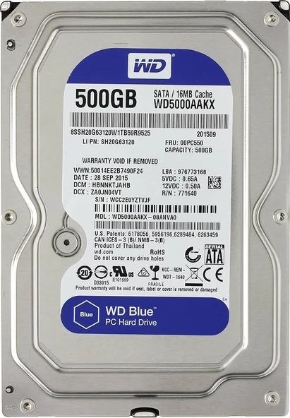 WD Blue 5WD WD5000AAKX 500 GB 3.5" 7200 RPM 16 MB SATA 3 HDD Hard Disk Refrubished Yenilenmiş