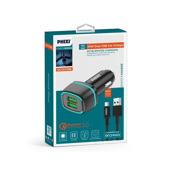 Phixi Force QCC571M Çift Çıkışlı Fast Micro USB Kablolu Araç Şarj Cihazı - 2