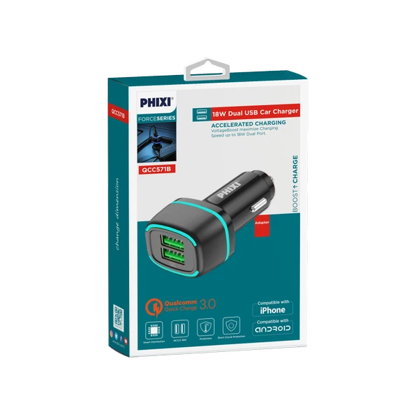 Phixi Force QCC571 Çift Çıkışlı Araç Şarj Adaptörü - 2