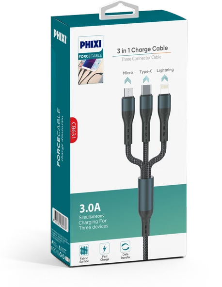 Phixi Force CB631 Örgülü ve Güçlendirilmiş 100 Cm Çoklu Şarj ve Data Kablosu - 2