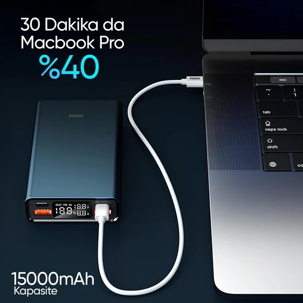 Phixi Ultimate UP65 15000mAh 100W Süper Hızlı Şarj Cihazı  - Laptop Şarj Edebilir Powerbank - 2 USB 2 PD Port - Dijital Ekran - Taşınabilir Şarj Cihazı - 10