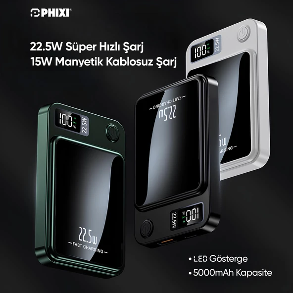 Phixi Force PW5 5000mAh 22.5W MagSafe Powerbank  - Kablosuz Mini Şarj Cihazı - 1 USB 1 PD Port - Dijital Ekran - Taşınabilir Şarj Cihazı - 10