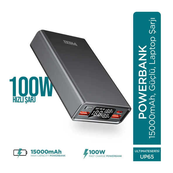Phixi Ultimate UP65 15000mAh 100W Süper Hızlı Şarj Cihazı  - Laptop Şarj Edebilir Powerbank - 2 USB 2 PD Port - Dijital Ekran - Taşınabilir Şarj Cihazı - 9