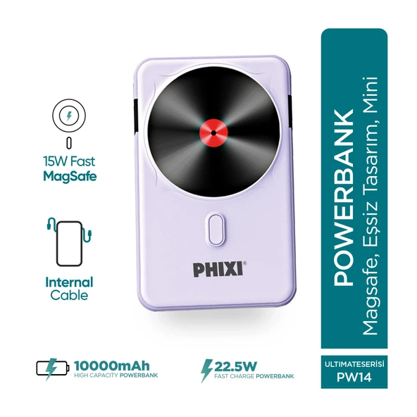 Phixi Force PW14 10000mAh 22.5W Kendinden Kablolu MagSafe Powerbank - Kablosuz Mini Şarj Cihazı - 1 PD Port - Dijital Ekran - Taşınabilir Şarj Cihazı - 8