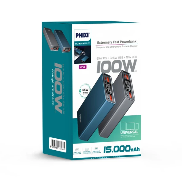 Phixi Ultimate UP65 15000mAh 100W Süper Hızlı Şarj Cihazı  - Laptop Şarj Edebilir Powerbank - 2 USB 2 PD Port - Dijital Ekran - Taşınabilir Şarj Cihazı - 4