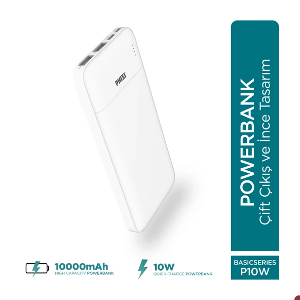 Phixi Basic P10 10000mAh Powerbank 10W - 2 Port LED Gösterge - Taşınabilir Şarj Cihazı - 9