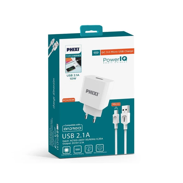 Phixi Force PCH251M Micro USB Power IQ 10W / 2.1A Kablolu Şarj Cihazı - 2