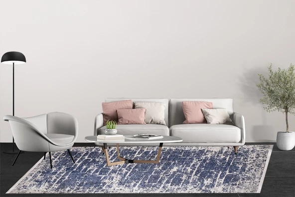 Modern Lacivert Dijital Baskı Hipoalerjenik Kaymaz Taban Halı Yolluk HA126 - Resim 5