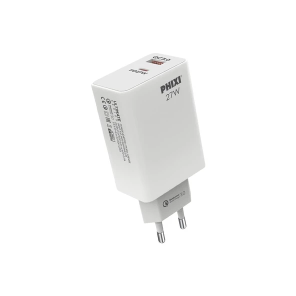 Phixi Ultimate UPD4225 27W PD Çift Çıkışlı Hızlı Şarj Adaptörü