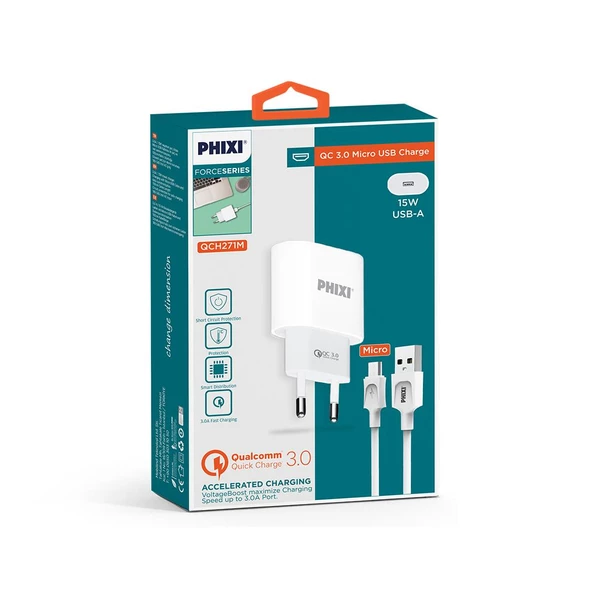 Phixi QCH271M Force Akım Korumalı 15W / 3A Qualcomm 3.0 Micro USB Kablolu Şarj Cihazı - 2