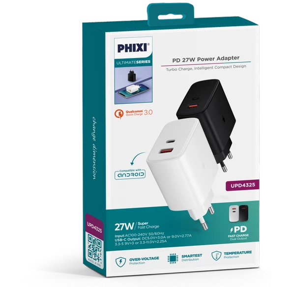 Phixi Ultimate UPD4325 27W PD Çift Çıkışlı Hızlı Şarj Adaptörü - 3