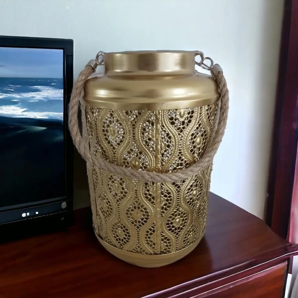 T.Concept Dekoratif Eskitme Halat Askı Tutacaklı Metal Mumluk Gold - 2