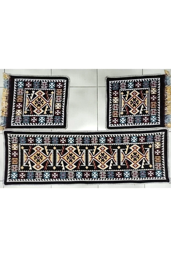 Oto Koltuk Kilim Seti - Ön Ve Arka Koltuk 3 Parça Takım - Koyu Gri - Siyah