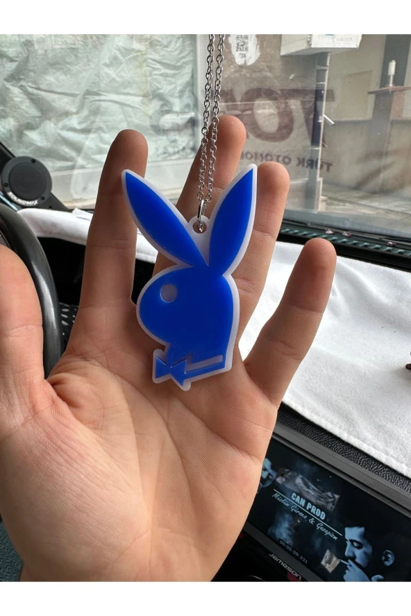Mavi Playboy Tavşan Ayna Süsü Zincirli Kabartma - 2