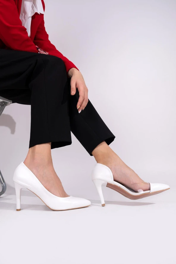 Beyaz Yanı Açık Şeffaf Stiletto Topuklu Kadın Ayakkabı - Lotus - Resim 3