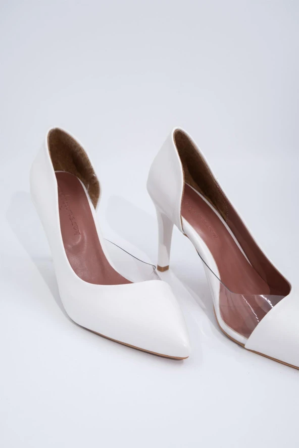 Beyaz Yanı Açık Şeffaf Stiletto Topuklu Kadın Ayakkabı - Lotus - Resim 4