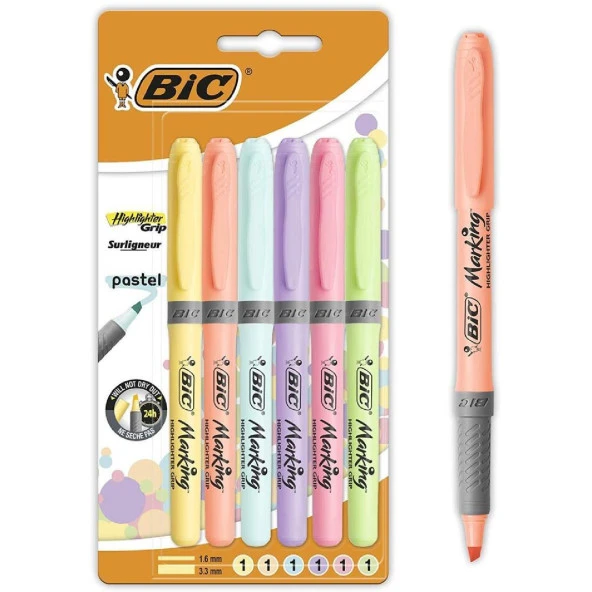 Bic Highlighter Grip Kalem Tipi Pastel Fosforlu Kalem 6 Renk Blister ürün görseli