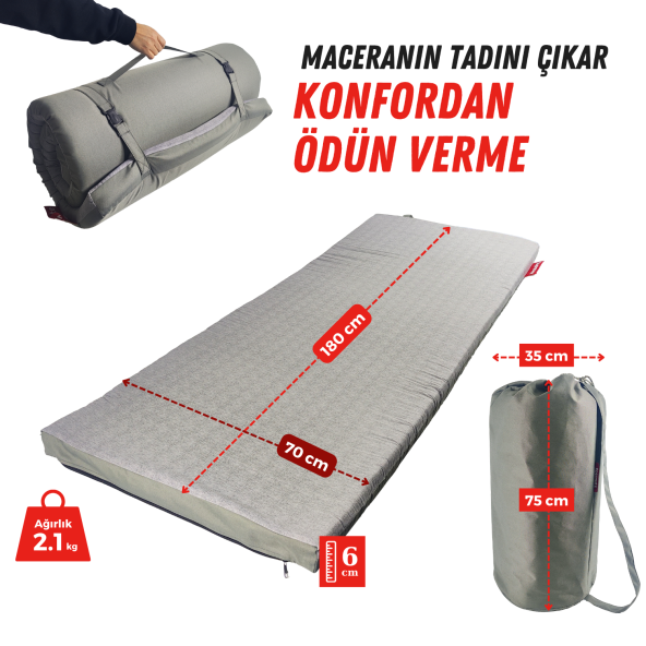 XPERMATE GezginMat Kamp Yatağı Taşıma Çantalı Kamp Matı Fermuarlı Kamp Minderi Çadır Matı 70x180x6cm