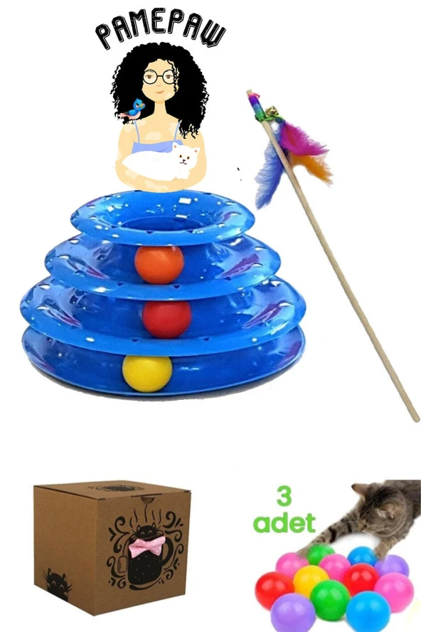 5' Li Kedi Oyuncağı Set: Hacı Yatmazlı 3 Katlı Kedi Oyuncağı , Olta , 3 Lü Renkli Oyun Topları