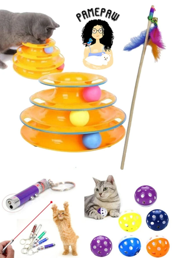 4'lü Kedi Oyun Seti ;3 Adet 3 Katlı Oyuncak Tüylü 50 Cm Olta Lazer Ve Çıngıraklı Top