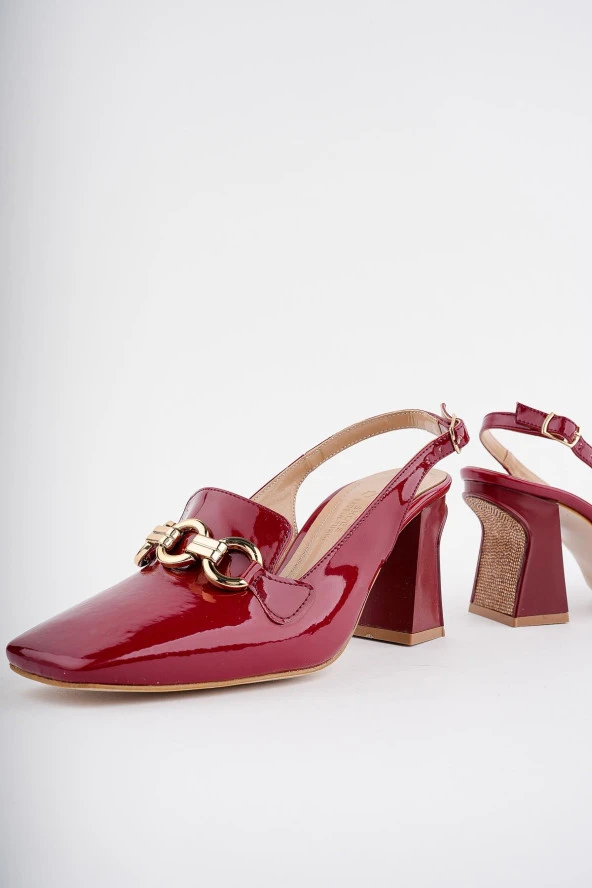 Muggo GRİSELDA Garantili Küt Burunlu Arkası Açık Tokalı Taşlı Kadın Topuklu Ayakkabı
