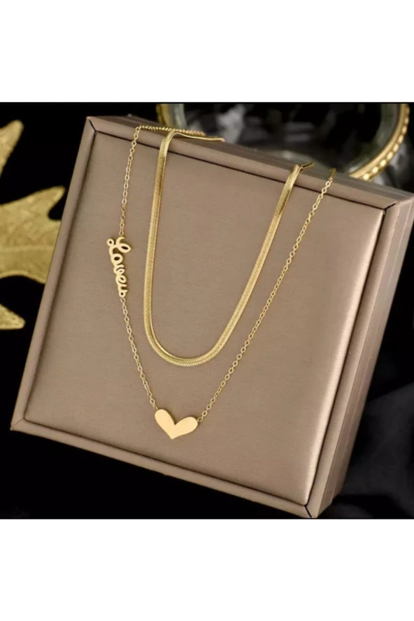 Kalpli Love Gold Kolye 2li Titanyum Çelik Sevgililer Günü Kolyesi