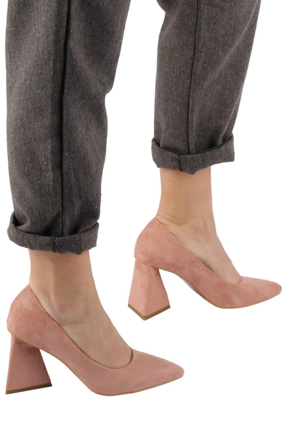 Pudra Süet Stiletto Üçgen Kalın Topuklu Ayakkabı - İkon ürün görseli