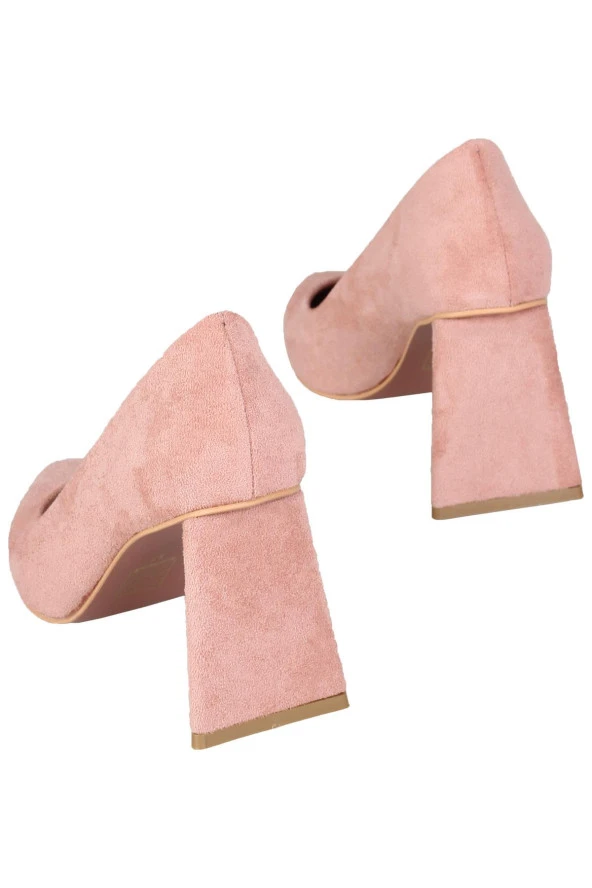 Pudra Süet Stiletto Üçgen Kalın Topuklu Ayakkabı - İkon - Resim 4