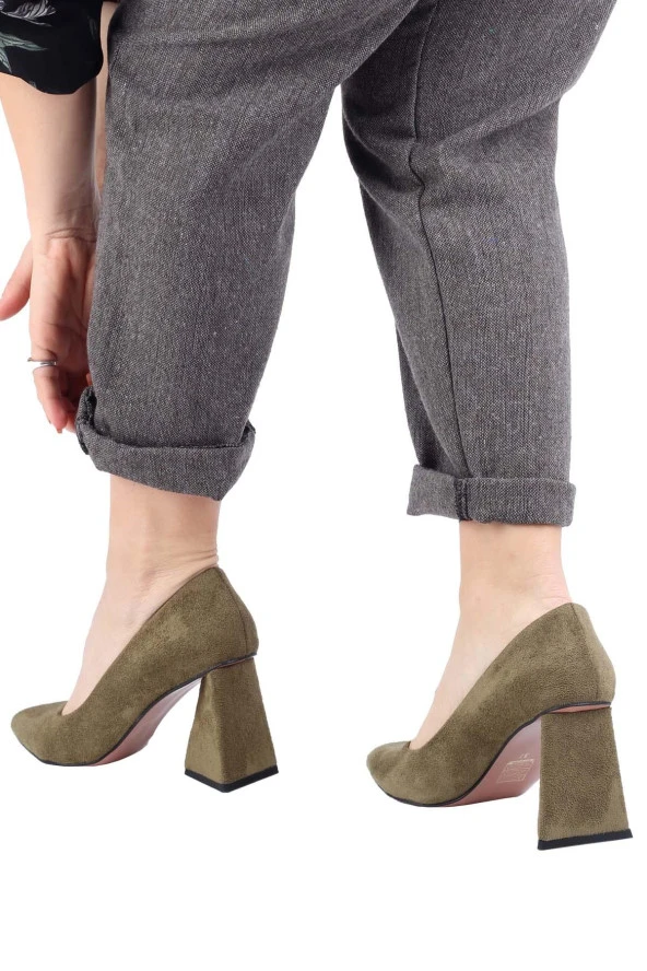 Yeşil Süet Stiletto Üçgen Kalın Topuklu Ayakkabı - İkon - 3