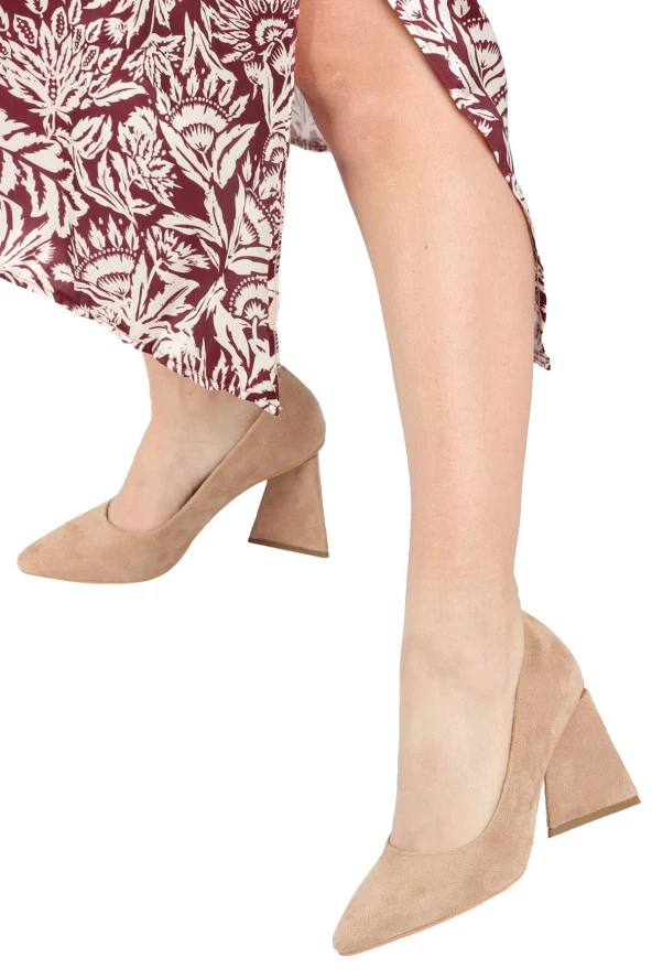 Ten Süet Stiletto Üçgen Kalın Topuklu Ayakkabı - İkon