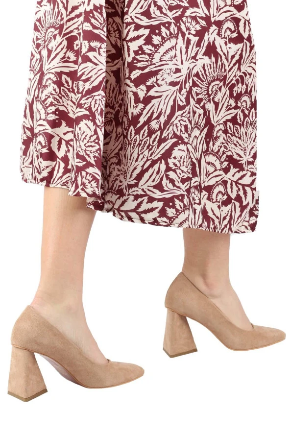 Ten Süet Stiletto Üçgen Kalın Topuklu Ayakkabı - İkon - 3