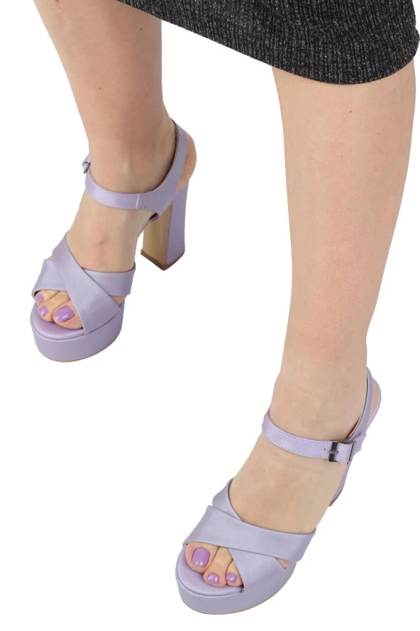 Lila Saten Kalın Platform Topuklu Yüksek Ayakkabı - Margarita - Resim 3