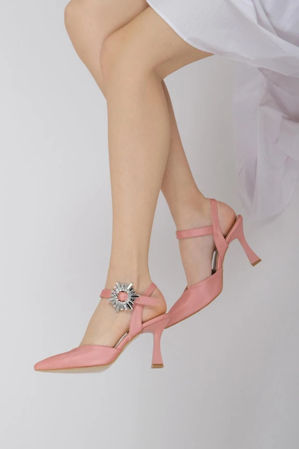 Pudra Saten Kadeh Topuklu Stiletto Taşlı Abiye Ayakkabı - Shinysun ürün görseli