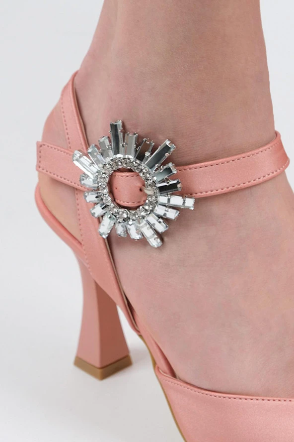 Pudra Saten Kadeh Topuklu Stiletto Taşlı Abiye Ayakkabı - Shinysun - Resim 3