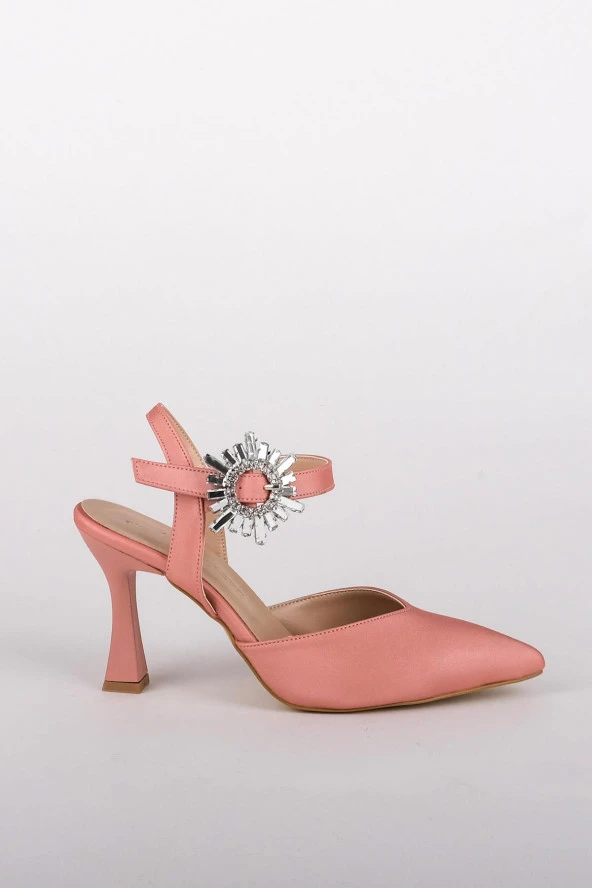Pudra Saten Kadeh Topuklu Stiletto Taşlı Abiye Ayakkabı - Shinysun - Resim 4