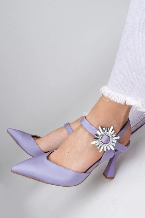 Lila Saten Kadeh Topuklu Stiletto Taşlı Abiye Ayakkabı - Shinysun