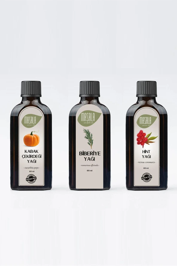 Biberiye Yağı - Hint Yağı - Kabak Çekirdeği Yağı 3 x 100 ml. (Saç Bakım Seti)