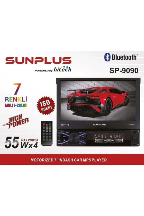 SUNPLUS  Sun Plus 9090 Oto Teyp Indash 7" 4x55w Bt usb sd aux Mirror Link 7 Renkli