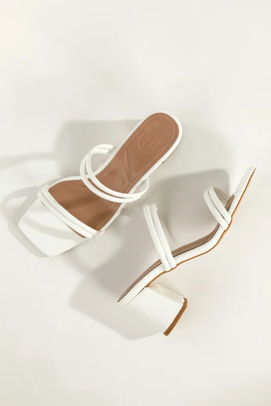 Beyaz İnce Çift Bantlı Topuklu Terlik - Benjo - 2