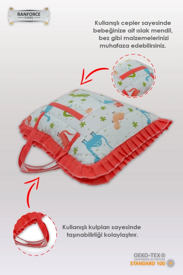 Çanta Tipli Alt Açma Minderi-%100 Pamuklu Dinazor Desenli