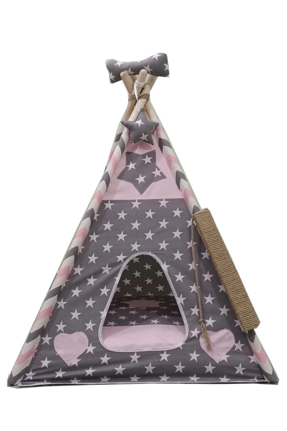 Pembe Gri Yıldızlı Kedi Köpek Çadırı Xl