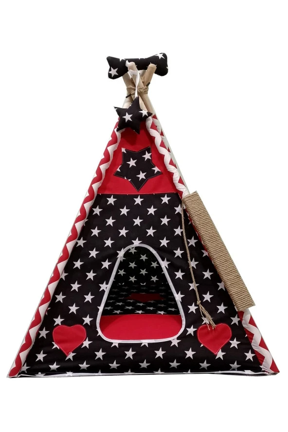 Kırmızı Siyah Yıldızlı Kedi Köpek Çadırı Xl