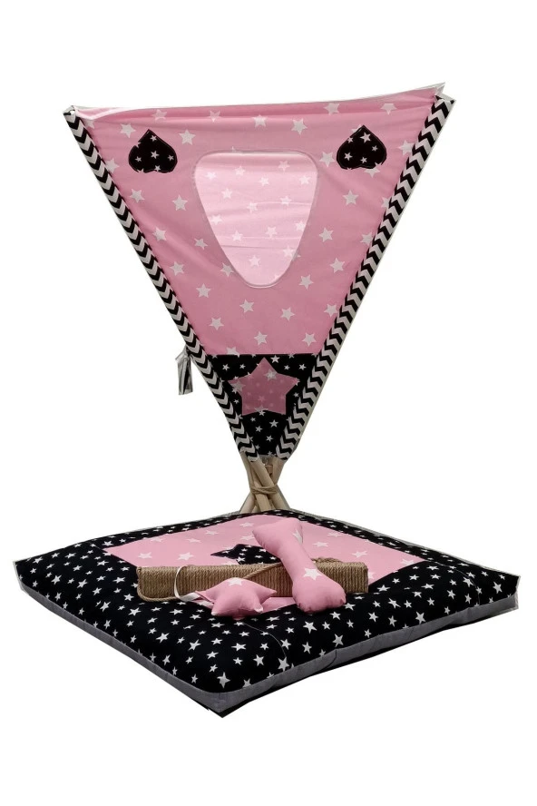 Siyah Pembe Yıldızlı Kedi Köpek Çadırı XL - 3